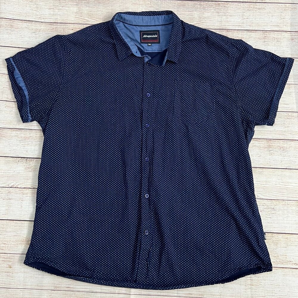 Aeropostale Men's Navy Polka Dot Button Up Shirt Size 3XL Short Sleeve Cotton